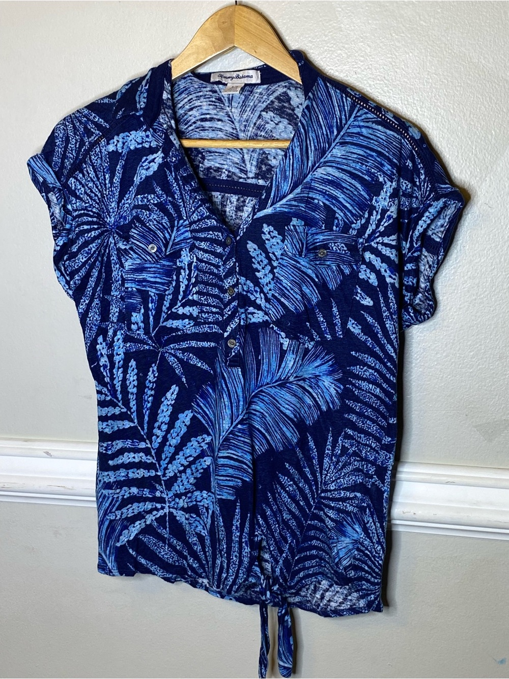 Tommy Bahama Navy and Light Blue Tropical Print Tie-Front Blouse